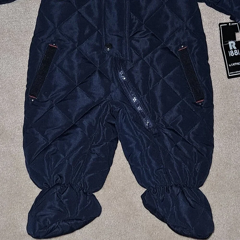 NWT Rothschild Quilted Pram Navy Blue Snowsuit Hooded Lined Baby 3-6 Months